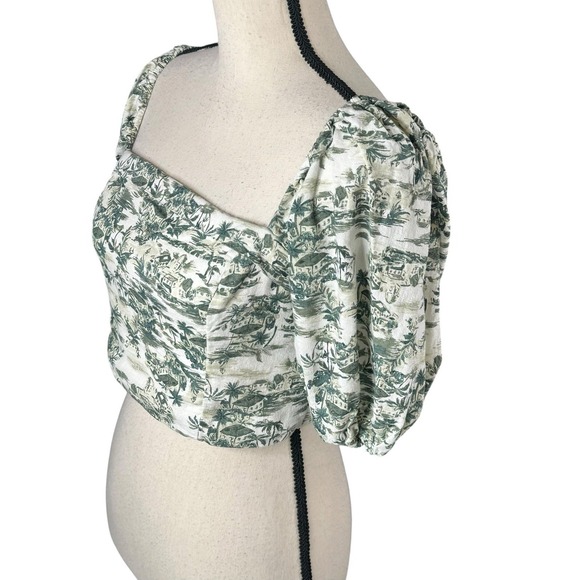 Abercrombie & Fitch Scenic Print Linen Blend Puff Sleeve Cropped Blouse Small - Picture 4 of 10